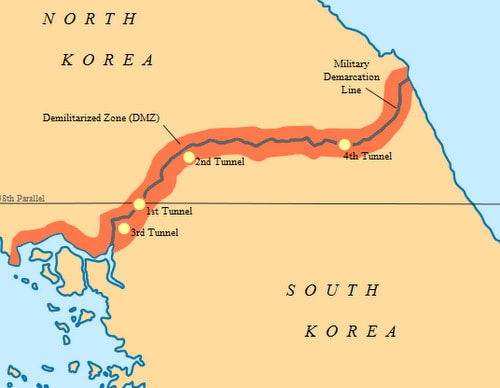 Tuyến DMZ và vị trí 4 đường hầm Triều Tiên bị Hàn Quốc phát hiện. Đồ họa: Wikipedia.