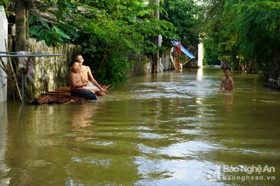 Con đường hàng ngày thường đi lại, nay trở thành “bể bơi” cho trẻ con vẫy vùng . Hiện nay, riêng phường Vinh Tân vẫn còn 5 khối với 122 hộ đang ngập trong nước. Cùng với nước từ thượng nguồn đổ về, tình trạng ngập lụt sẽ còn kéo dài. Ảnh: Thành Cường.