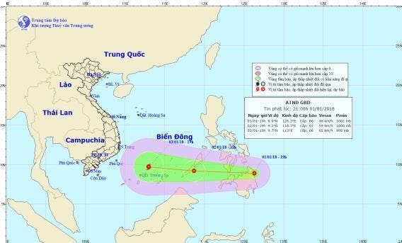 Đường đi và vị trí của áp thấp nhiệt đới. Ảnh: TT DBKTTVTƯ