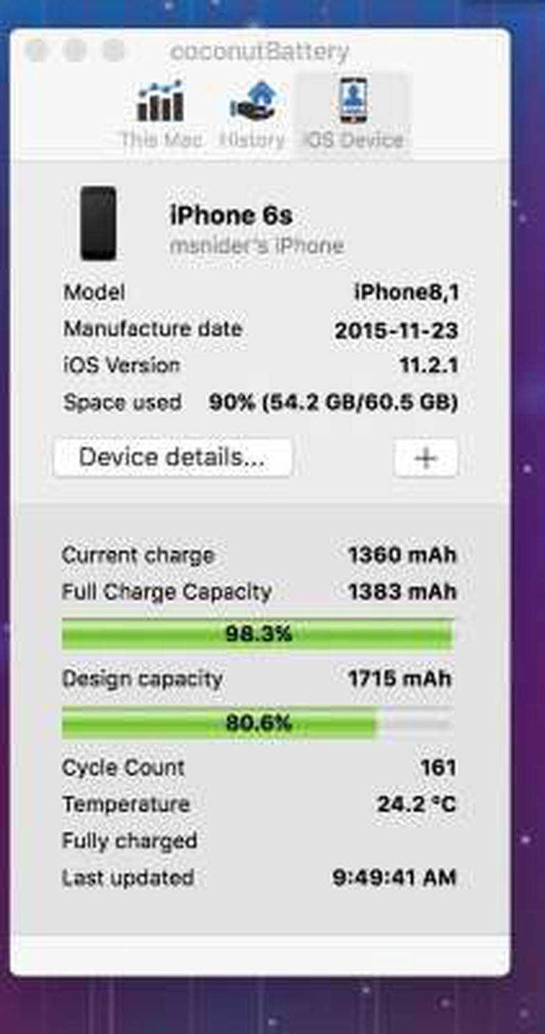 Hình ảnh chụp lại từ màn hình của ứng dụng Coconut Battery cho thấy tình trạng pin của iPhone 6S - Ảnh: COCONUT BATTERY