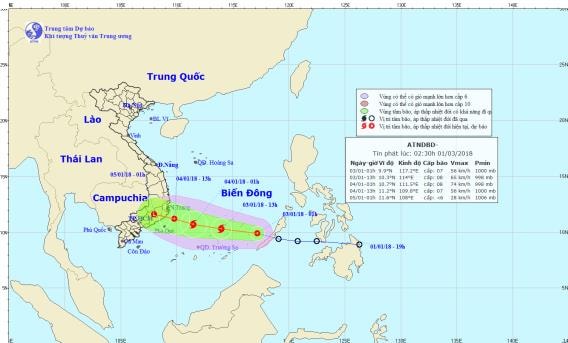 Đường đi và vị trí của áp thấp nhiệt đới. Ảnh: TTDBKTTVTƯ