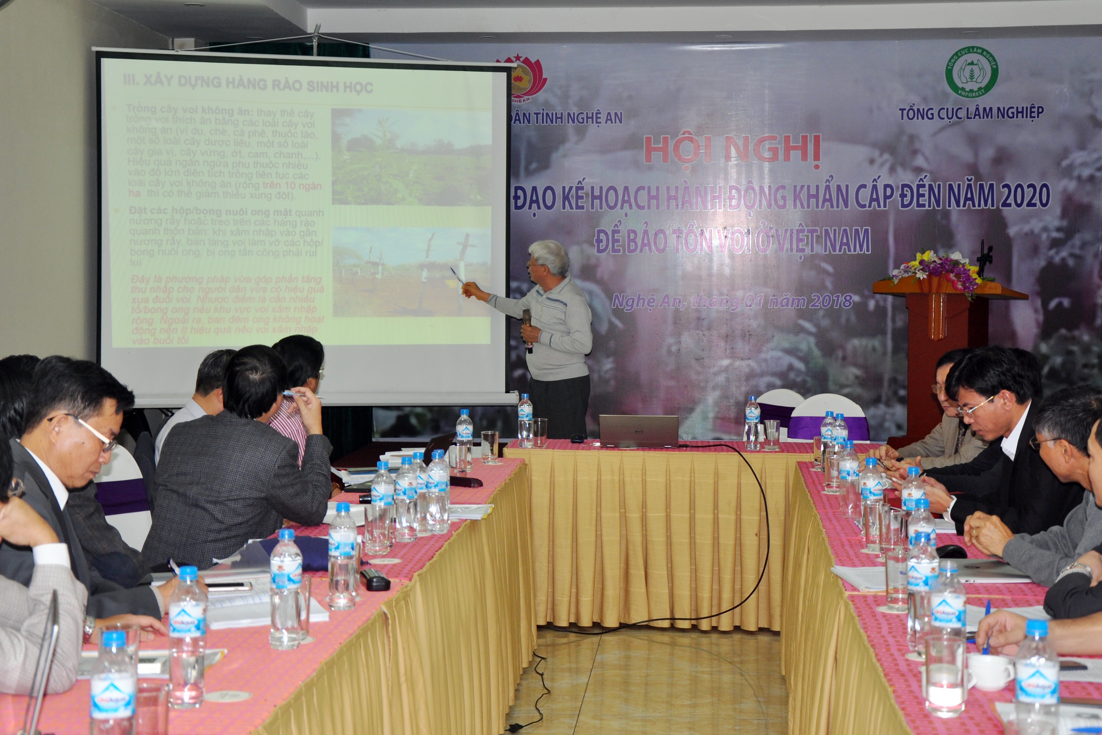 PGS.TS Nguyễn Xuân Đặng tham luận về một số giải pháp hạn chế xung đột giữa voi và người trên thế giới. Ảnh: Công Kiên
