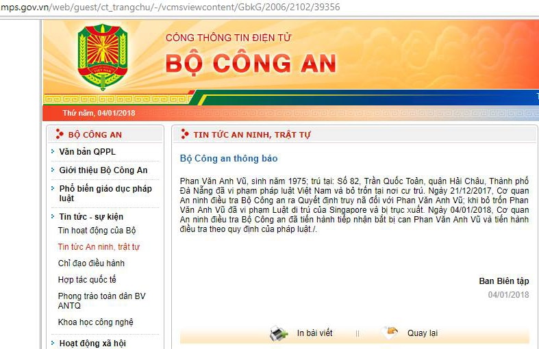 Cổng thông tin điện tử Bộ Công an thông báo bắt Phan Văn Anh Vũ.