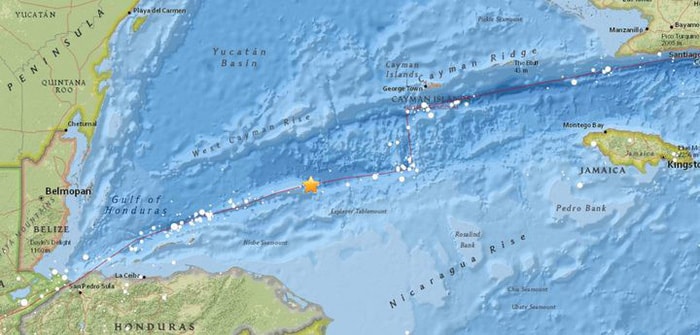 Sơ đồ mô tả khu vực xảy ra động đất ở vùng biển Caribbean ngoài khơi bờ biển Honduras tại Trung Mỹ - Ảnh: USGS