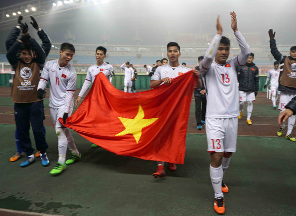 Các cầu thủ U23 Việt Nam ăn mừng chiến tích lọt vào vòng tứ kết. Ảnh: Internet.