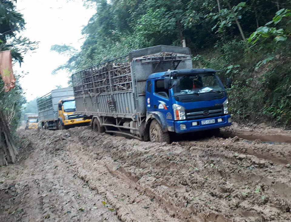 Đường vào xã Thạch Ngàn (Con Cuông) sình lầy, trơn trượt; gây khó khăn trong đi lại của người dân. Ảnh: Trần Lê