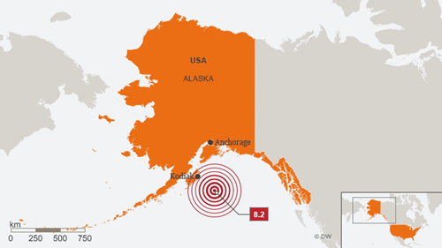 Trận động đất mạnh khoảng 8 độ ở phía đông nam Alaska hôm nay. Đồ họa: DW.