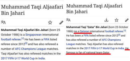  Trang wikipedia trước và sau khi chỉnh sửa của trọng tài Muhammad Taqi.
