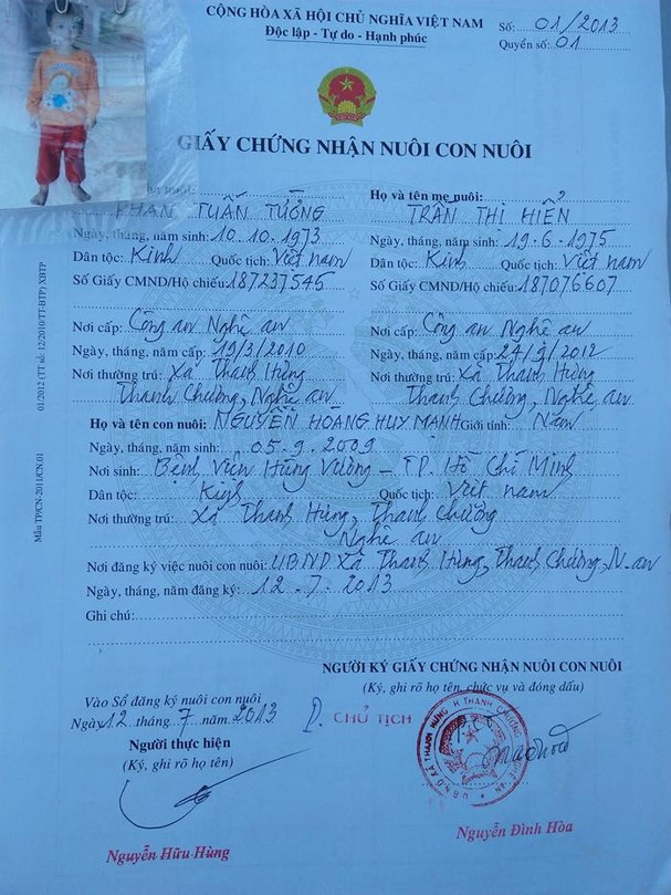 Giấy chứng nhận con nuôi cháu Nguyễn Hoàng Huy Mạnh.