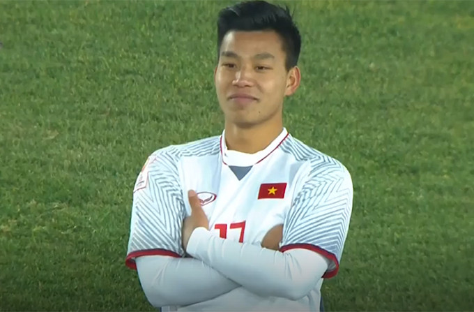 Vũ Văn Thanh với màn ăn mừng gây sốt ở trận gặp U23 Qatar. Ảnh: CMH.