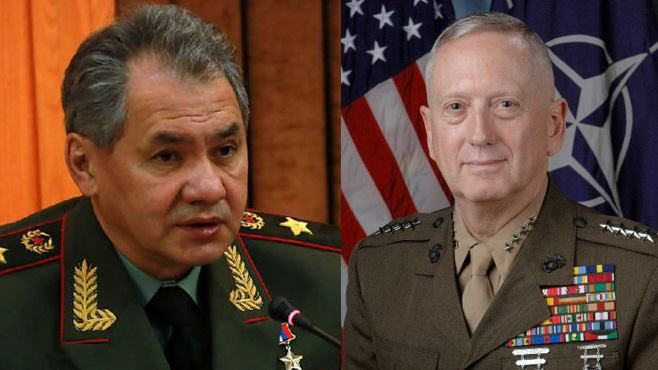 Bộ trưởng Quốc phòng Nga Sergei Shoig và Bộ trưởng Quốc phòng Mỹ James Mattis