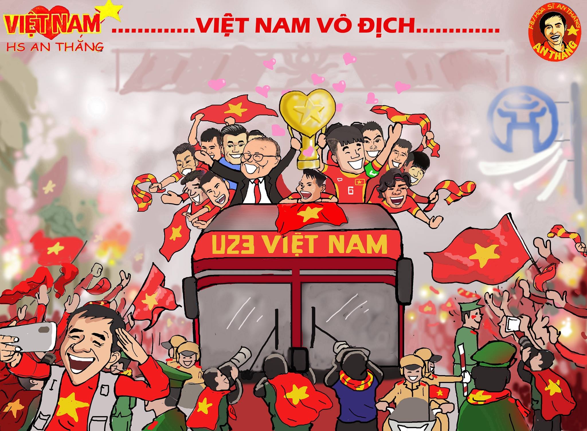 Ngay lúc này, những nhà vô địch U23 Việt Nam đang diễu hành trên trục đường chính thủ đô Hà Nội, xung quanh là niềm vui vô bờ bến của người hâm mộ.