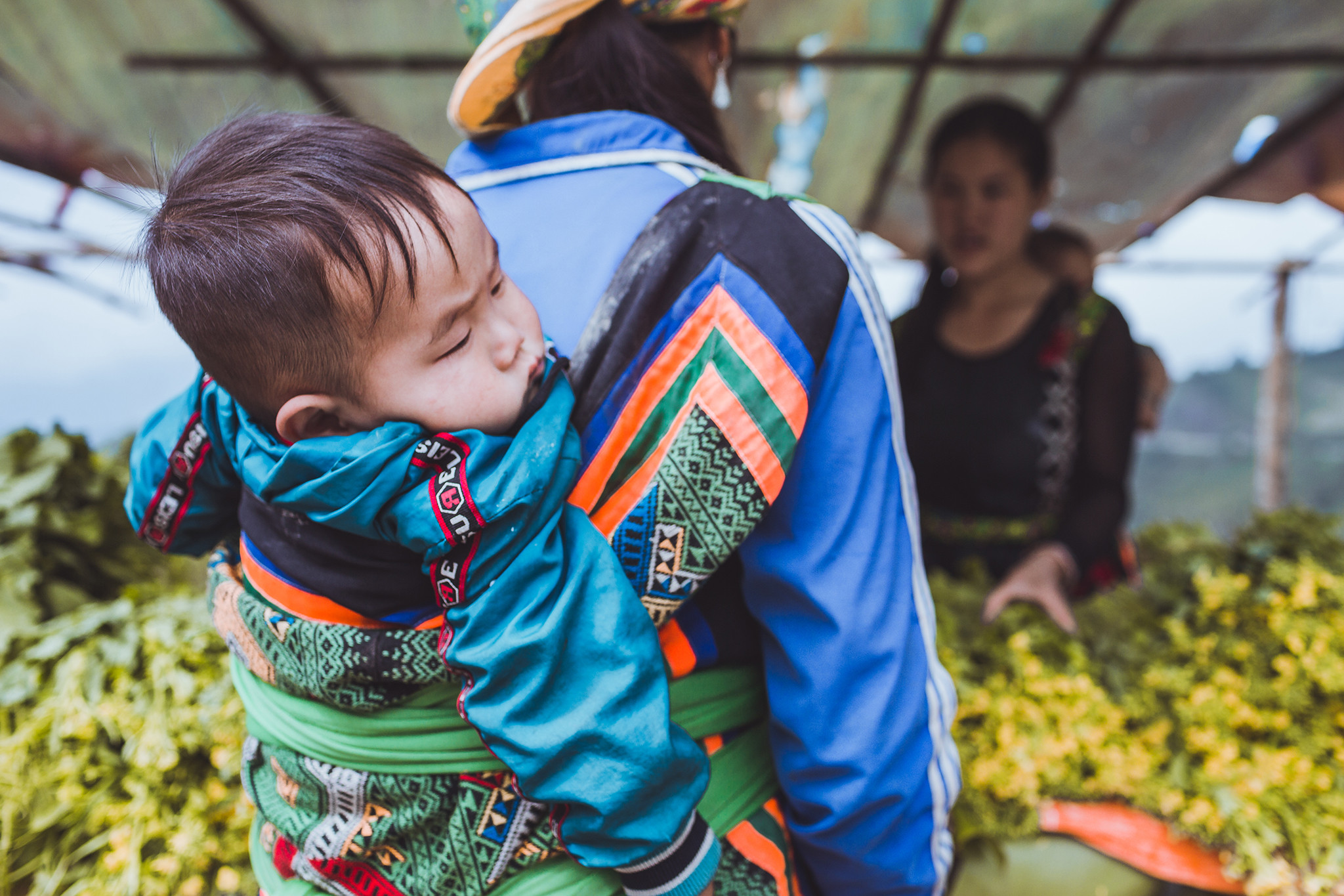 Những đứa trẻ Mông lớn lên trên lưng mẹ, lớn lên theo những bước chân leo dốc và cuộc sống nhọc nhằn nơi lưng chừng núi. Ảnh: Trung Kiên