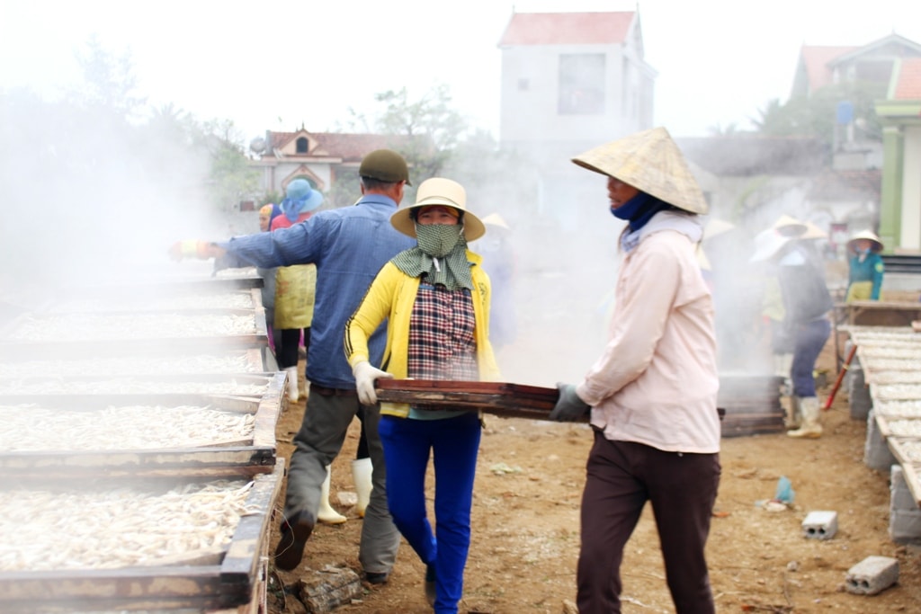 Công nhân vận chuyển ra bãi đất trống để phơi sấy, theo chị Nguyễn Thị Hoa - một công nhân cho biết, thời tiết nắng ráo thì cá được phơi trong 2 ngày; hiện thời tiết đang lạnh, độ ẩm cao nên phải phơi  3 - 4 ngày. Ảnh: Việt Hùng