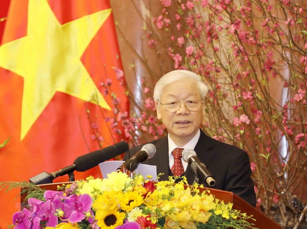 Tổng Bí thư Nguyễn Phú Trọng chúc Tết các đồng chí lãnh đạo và nguyên lãnh đạo Đảng, Nhà nước, Mặt trận Tổ quốc Việt Nam. (Ảnh: Phương Hoa/TTXVN)