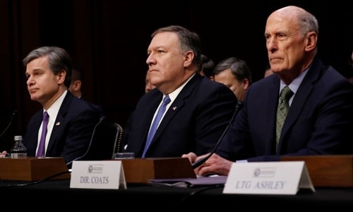  Từ trái sang, giám đốc FBI Christopher Wray, giám đốc CIA Mike Pompeo và giám đốc NIS Dan Coats. Ảnh: Sky News.