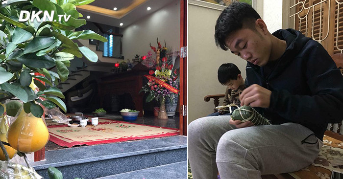Về Tuyên Quang đón Tết cùng gia đình, thủ quân U23 Việt Nam tiền vệ Lương Xuân Trường khoe bức ảnh đang trổ tài gói bánh chưng. Ảnh: FBNV