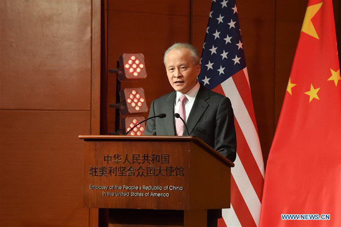 Đại sứ Trung Quốc tại Mỹ Thôi Thiên Khải phát biểu tại buổi tiệc đón năm mới tổ chức trong Đại sứ quán Trung Quốc ở thủ đô Washington hôm 13/2.  Ảnh: Tân Hoa Xã