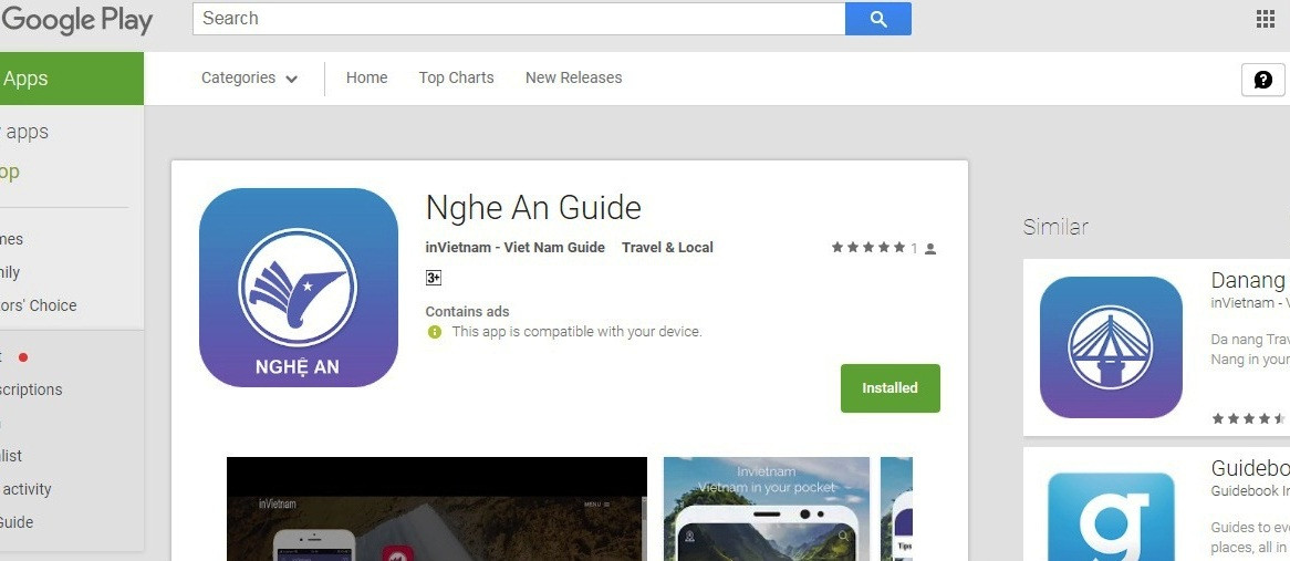 Hình ảnh giao diện của App du lịch Nghệ An xuất hiện trong google play khi dùng từ khóa Nghệ An hoặc Nghệ An travel guide. 