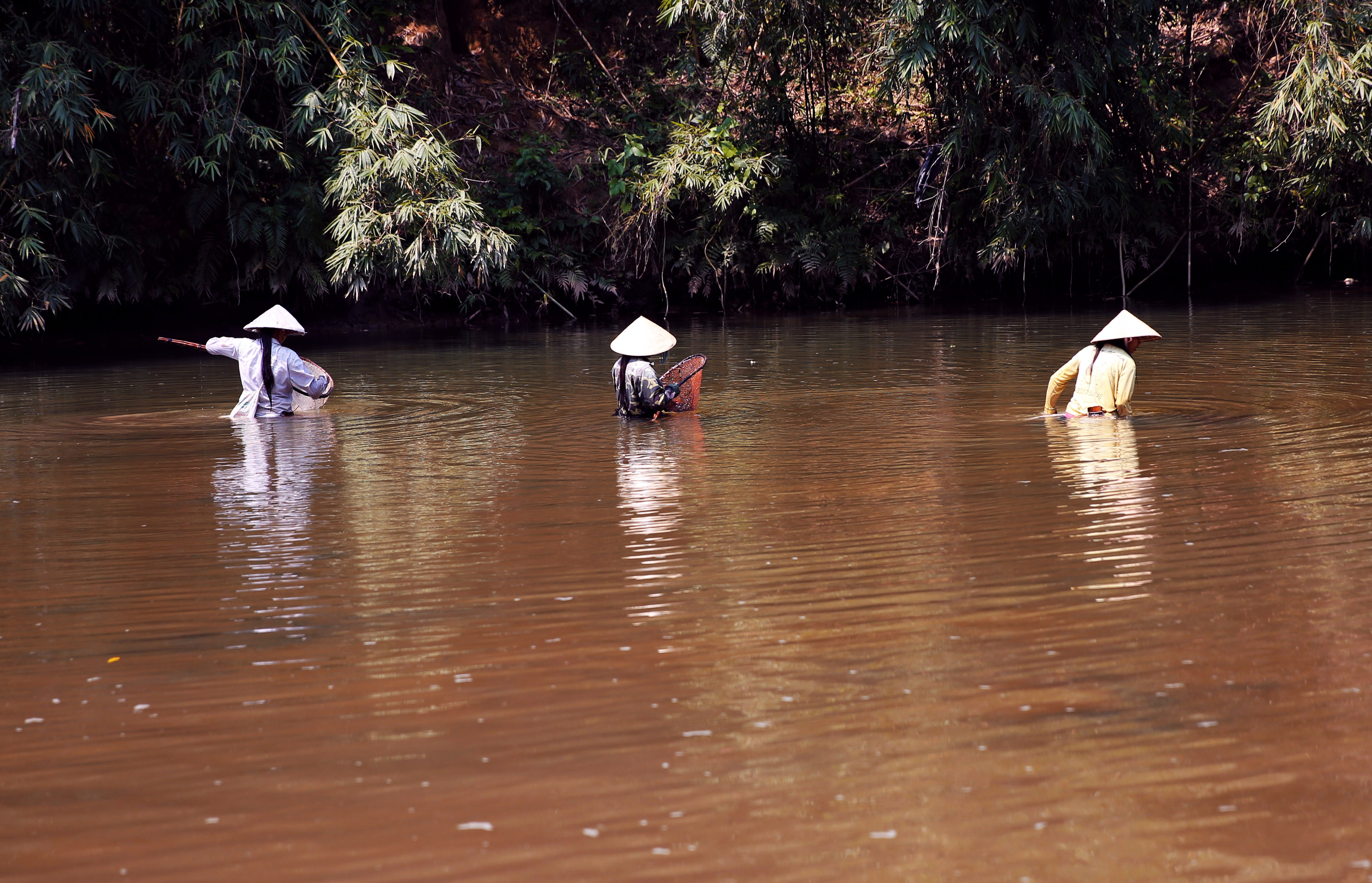 Cảnh lao động của những phụ nữ đánh cá trên sông Nậm Giả, huyện biên giới Quế Phong. Ảnh : Hồ Phương
