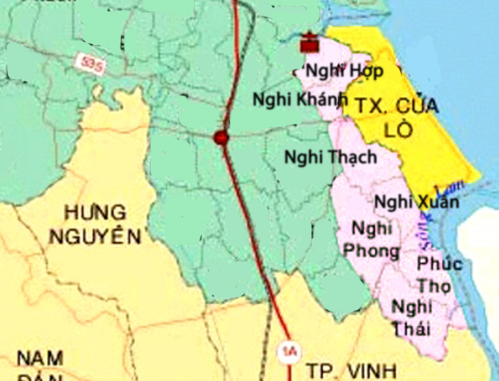 Đồ họa bản đồ thị xã Cửa Lò nếu sáp nhập thêm 7 xã (mầu hồng) từ Nghi Lộc. 