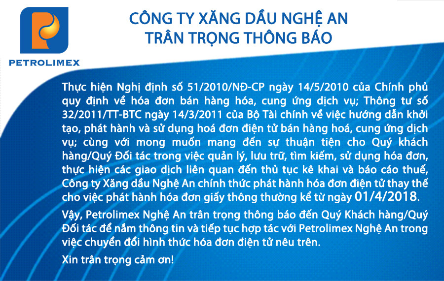 Công ty xăng dầu Nghệ An thông báo