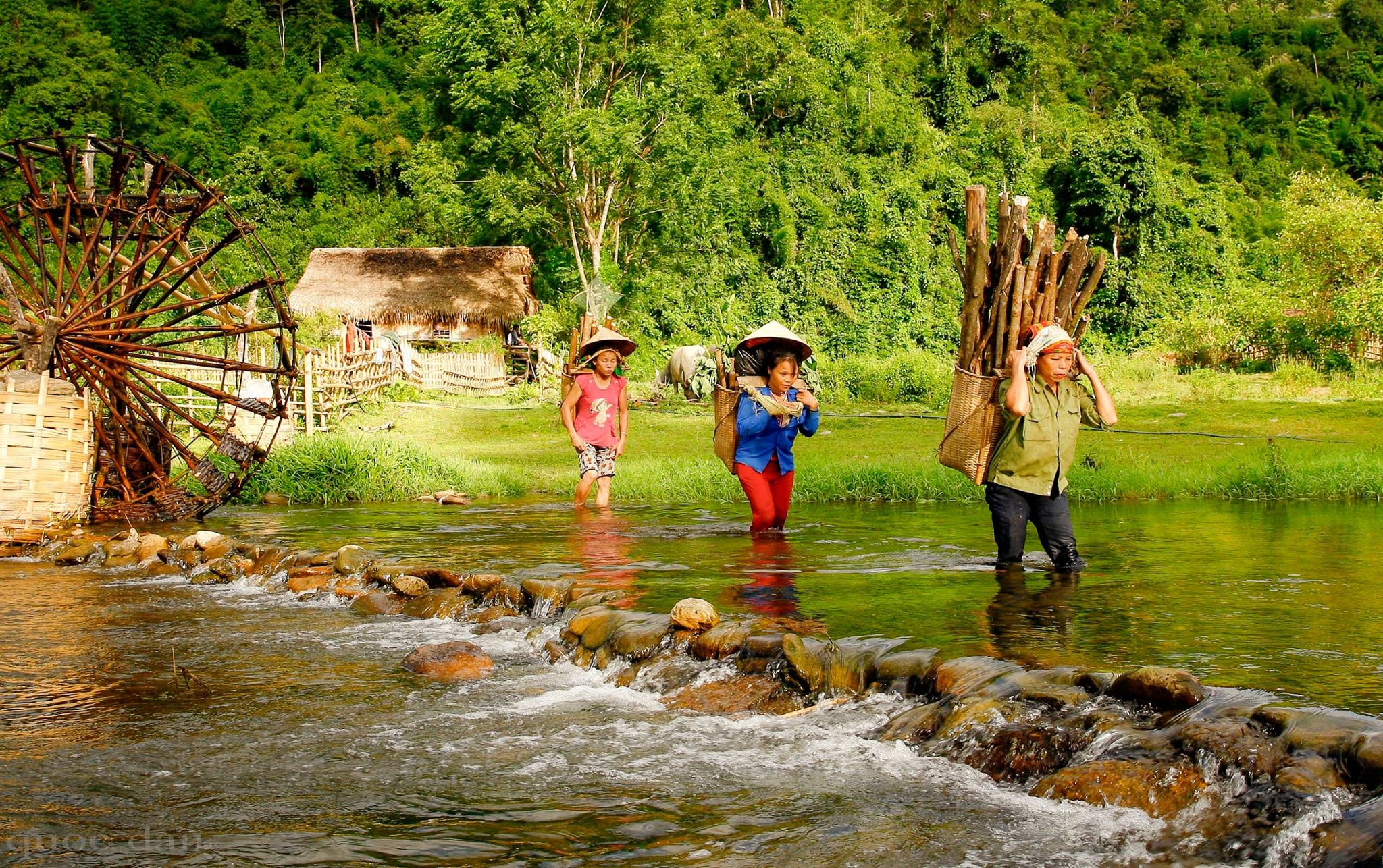 Chiều thanh bình với những người phụ nữ mang trĩu nặng những gùi củi sau một buổi đi rừng trở về bản. Ảnh: Quốc Đàn