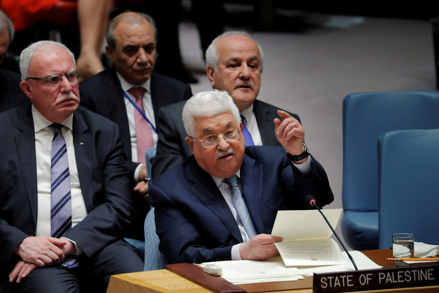 Tổng thống Palestine Mahmoud Abbas phát biểu trong một phiên họp của Hội đồng Bảo an Liên Hiệp Quốc tháng 2/2018. Ảnh: Reuters