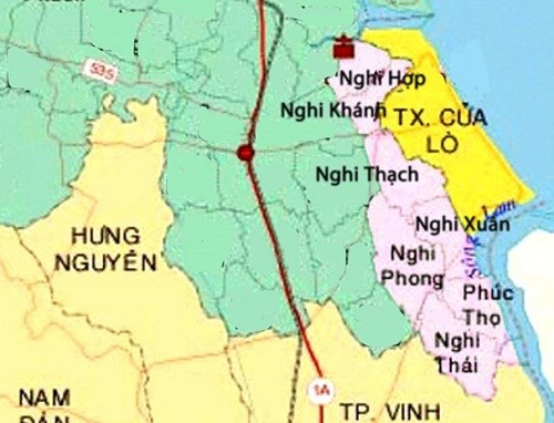 Đồ họa bản đồ thị xã Cửa Lò (gồm phần màu hồng) nếu sáp nhập thêm 7 xã (màu hồng) từ Nghi Lộc.