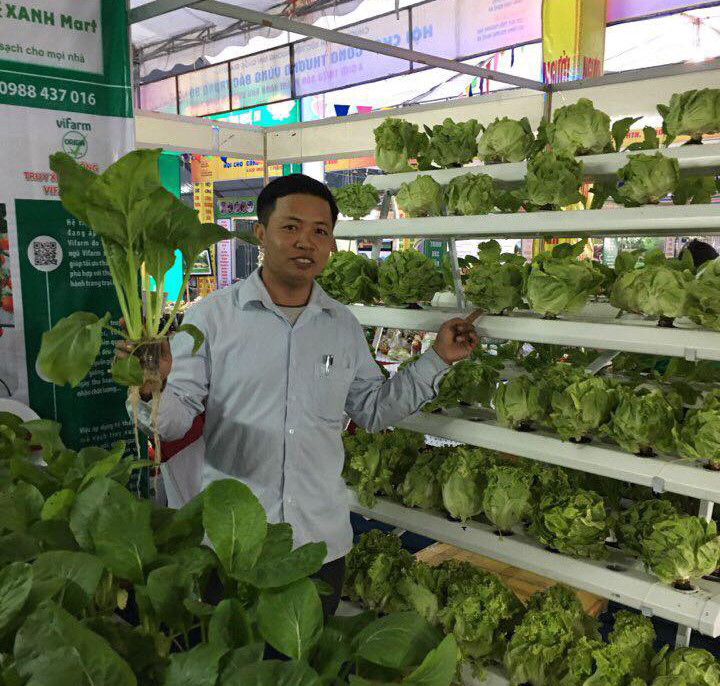 Anh Nguyễn Kim Nam giới thiệu sản phẩm rau thủy canh tại Hội chợ xanh Nghệ An. Ảnh: Thúy Tình
