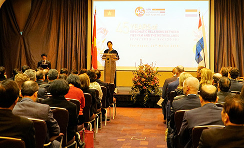 Chủ tịch Quốc hội Nguyễn Thị Kim Ngânphát biểu tạiLễ kỷ niệm 45 năm thiết lập quan hệ ngoại giao Việt Nam - Hà Lan