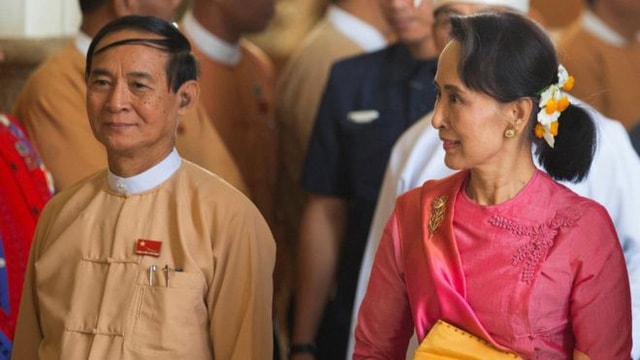 Tân Tổng thống Myanmar Win Myint và Cố vấn nhà nước Myanmar Aung San Suu Kyi. Ảnh: Reuters