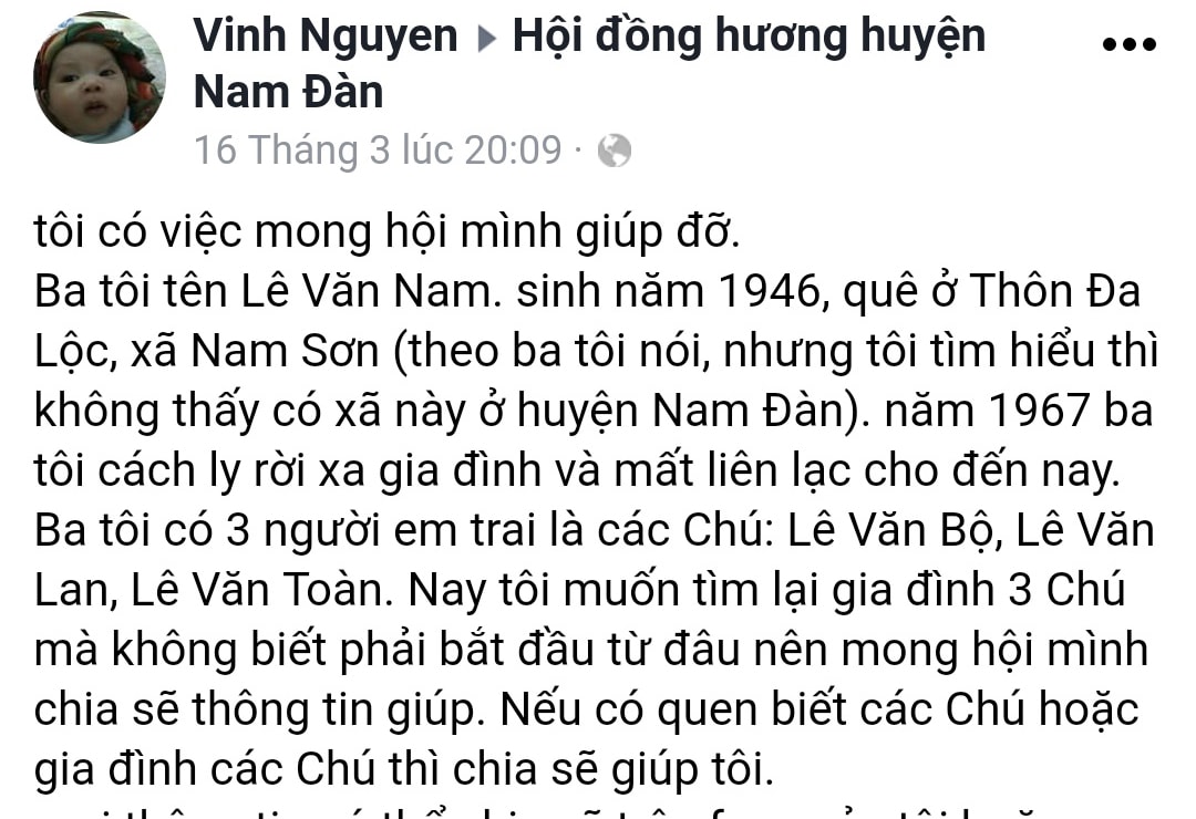 Đoạn chia sẻ của con trai ông Nam. Ảnh chụp màn hình.