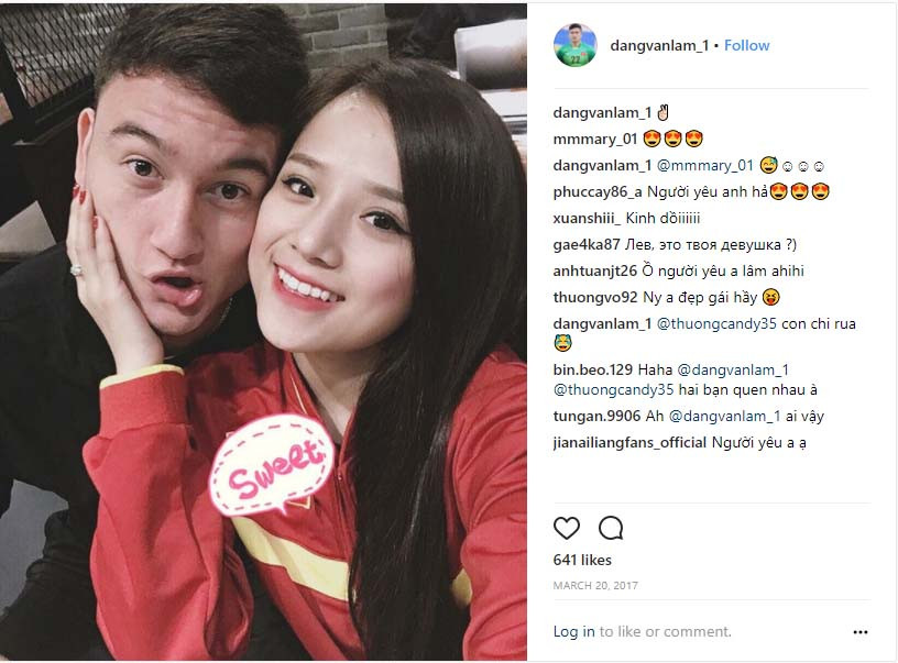 Thủ môn Đặng Văn Lâm khoe bạn gái trên Instagram cá nhân. Ảnh chụp màn hình