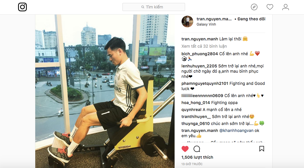 Nguyên Mạnh khoe bức hình đang tập thể lực sau chấn thương. 