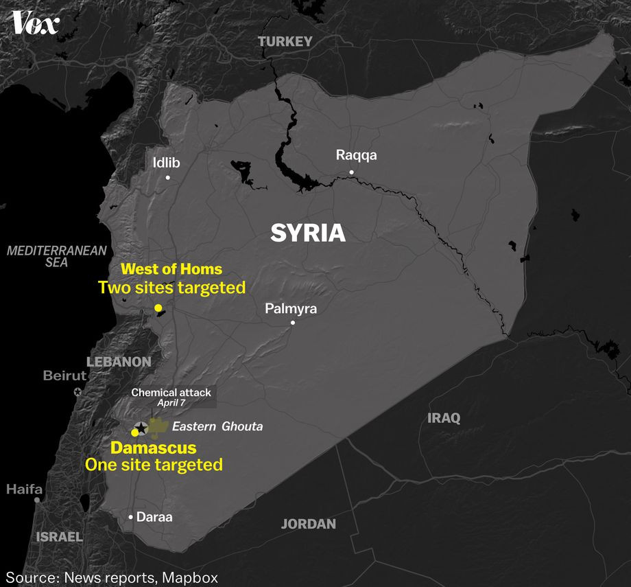 Các địa điểm của Syria bị Mỹ, Anh, Pháp tấn công bằng tên lửa. Ảnh: Vox