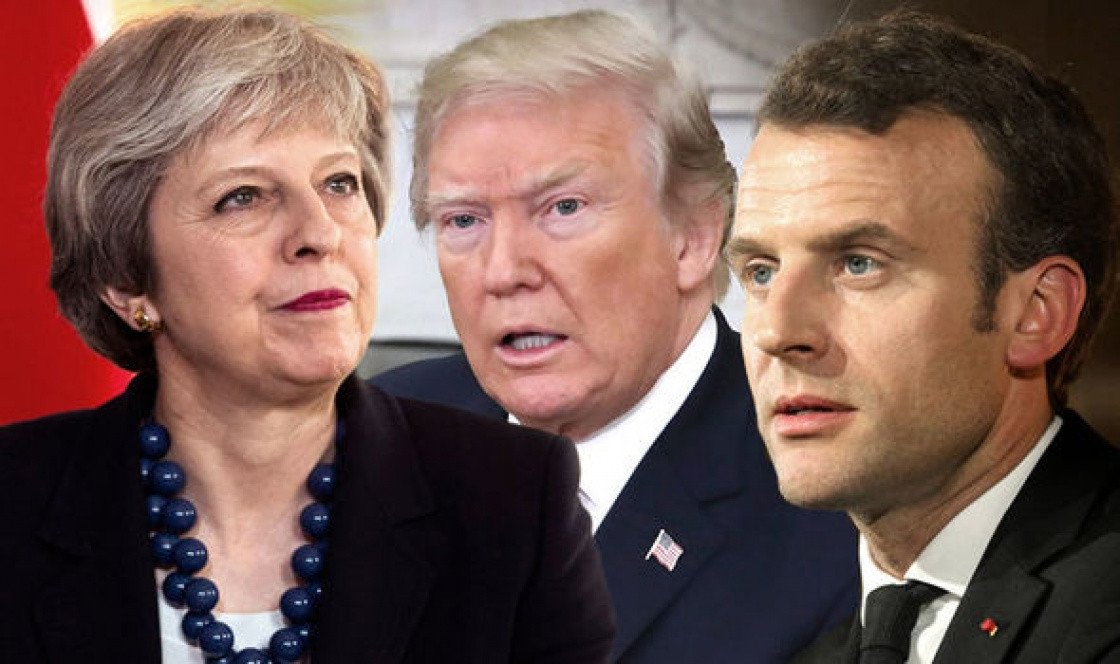 Từ trái qua: Thủ tướng Anh Theresa May, Tổng thống Mỹ Donald Trump, Tổng thống Pháp Emmanuel Macron. Ảnh: Internet