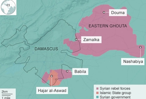 Vị trí thị trấn Hajar al-Aswad. Đồ họa: BBC.