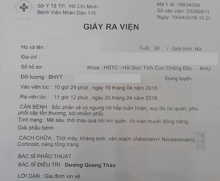 Theo giấy ra viện, chị T., tử vong do sốc phản vệ có ngưng hô hấp tuần hoàn, suy đa cơ quan, phù phổi cấp tổn thương, bội nhiễm phổi. Ảnh: Hoàng Lộc