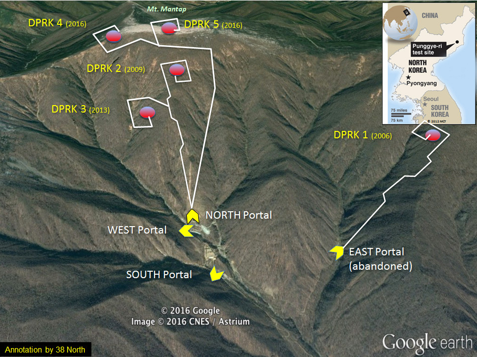 Địa điểm thử hạt nhân Punggye-ri nằm phía Đông Bắc Triều Tiên. Ảnh: Google Earth