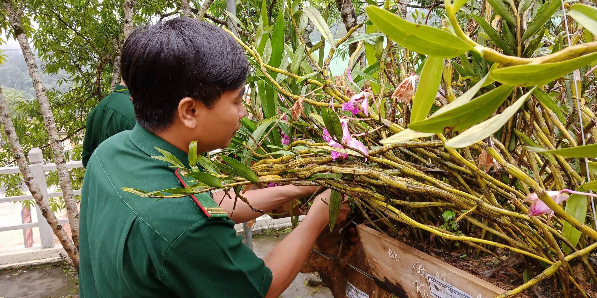 Thiếu tá Nguyễn Xuân Hùng (phải) là người đưa ra ý tưởng gây dựng vườn lan. Ảnh T.D