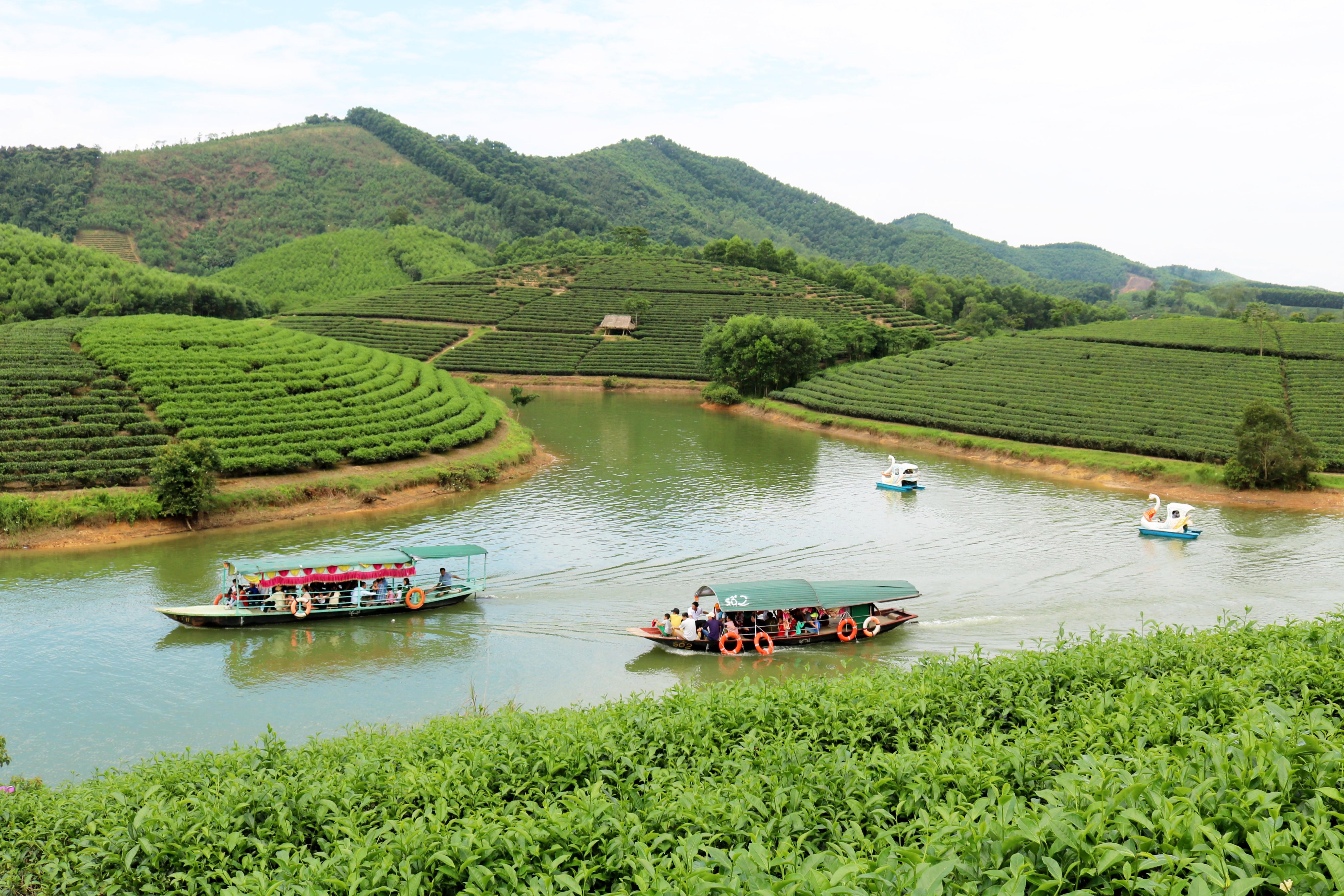 1.Dịp nghỉ lễ này kéo dài 4 ngày nên lượng khách đến với đảo chè tăng nhiều hơn cùng kỳ năm ngoái. Hàng chục chiếc thuyền chở khách trên hồ hoạt động liên tục từ sáng sớm đến chiều muộn mới đáp ứng được nhu cầu.