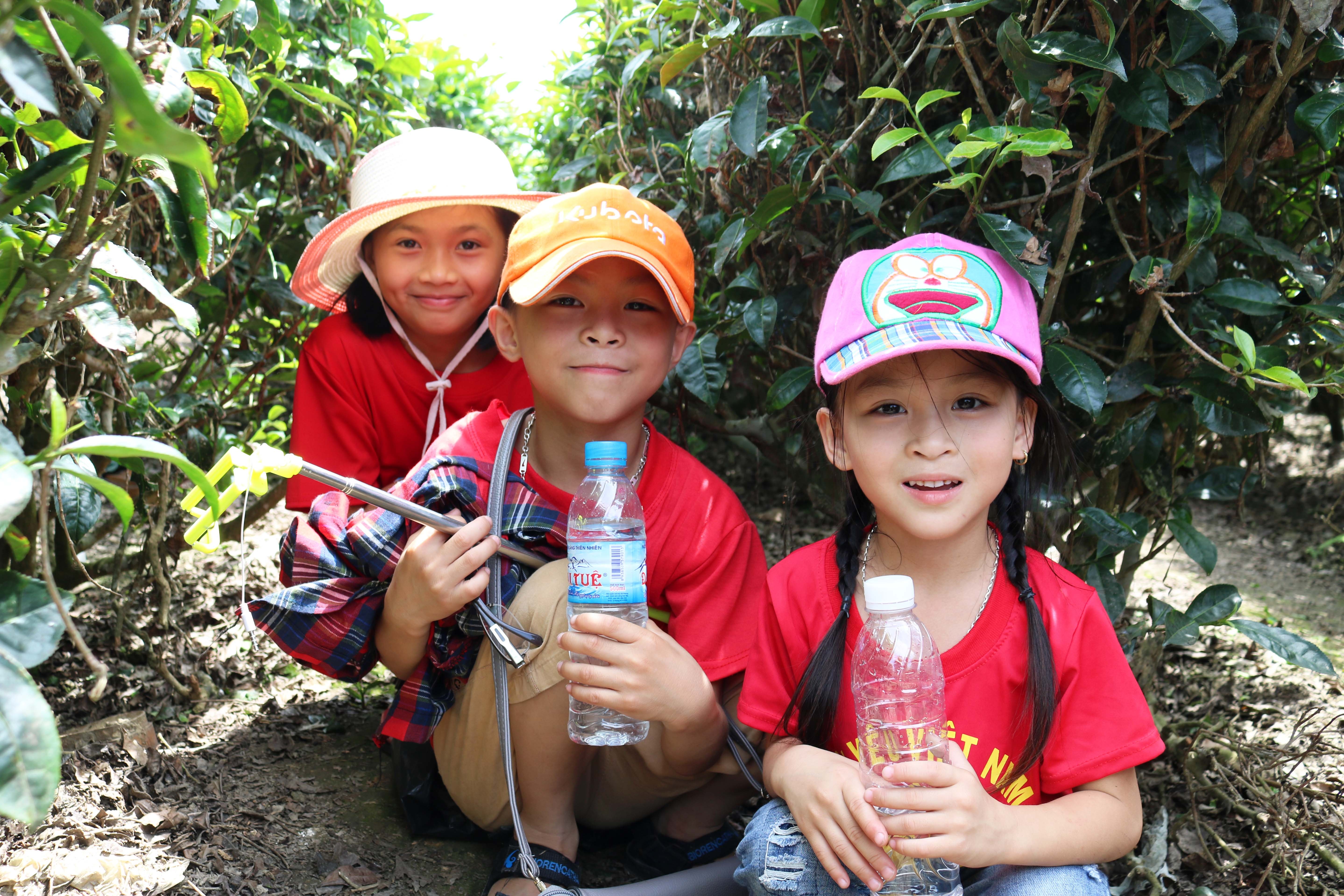 Các em nhỏ ngồi tránh nắng dưới những tán chè, chờ đợi người lớn “du ngoạn”.  Ảnh: Huy Thư