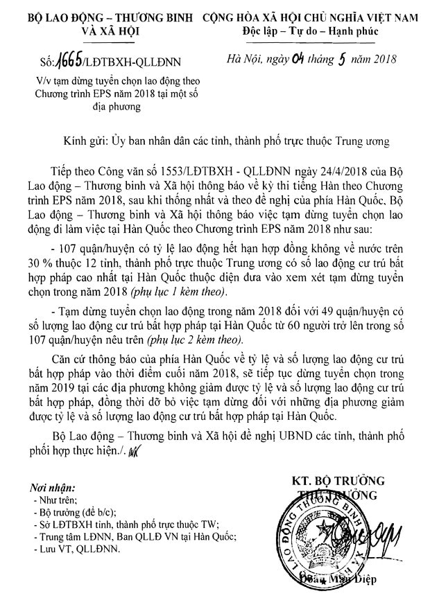 Nội dung công văn về việc tạm dừng tuyển chọn lao động theo chương trình EPS năm 2018 tại một số địa phương ban hành ngày 4/5/2018. Ảnh: Sở LĐTB&XH cung cấp