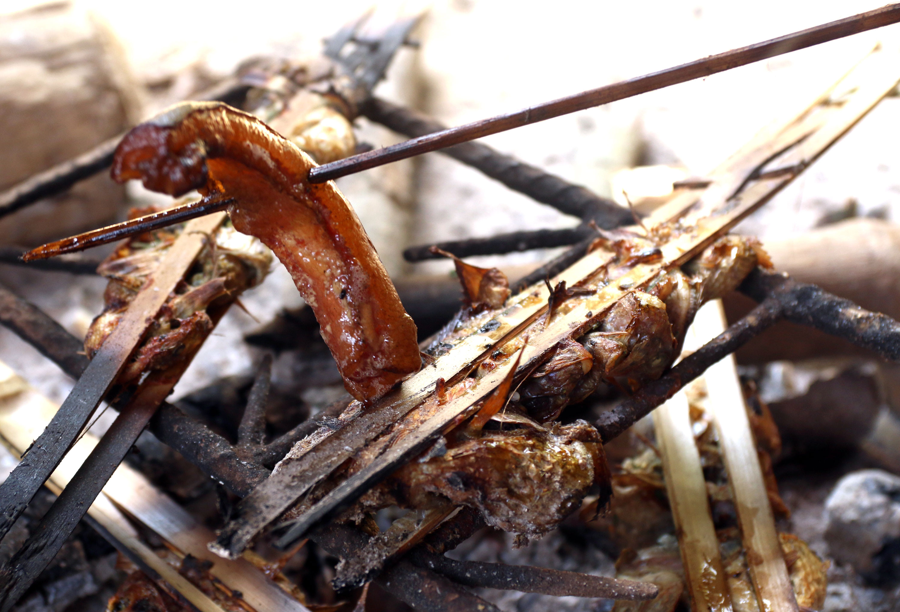 Muốn cá không khô và thơm hơn, người dân vùng cao Nghệ An sử dụng mỡ lợn nướng cho chảy mỡ ra và quét lên cá. Ảnh: Đào Thọ