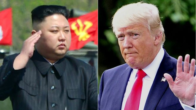 Tổng thống Mỹ Donald Trump (phải) và nhà lãnh đạo Triều Tiên Kim Jong-un. Ảnh: BBC 