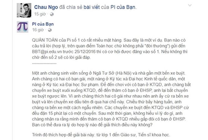 Bài toán trước đó đã được GS Ngô Bảo Châu chia sẻ trên trang cá nhân