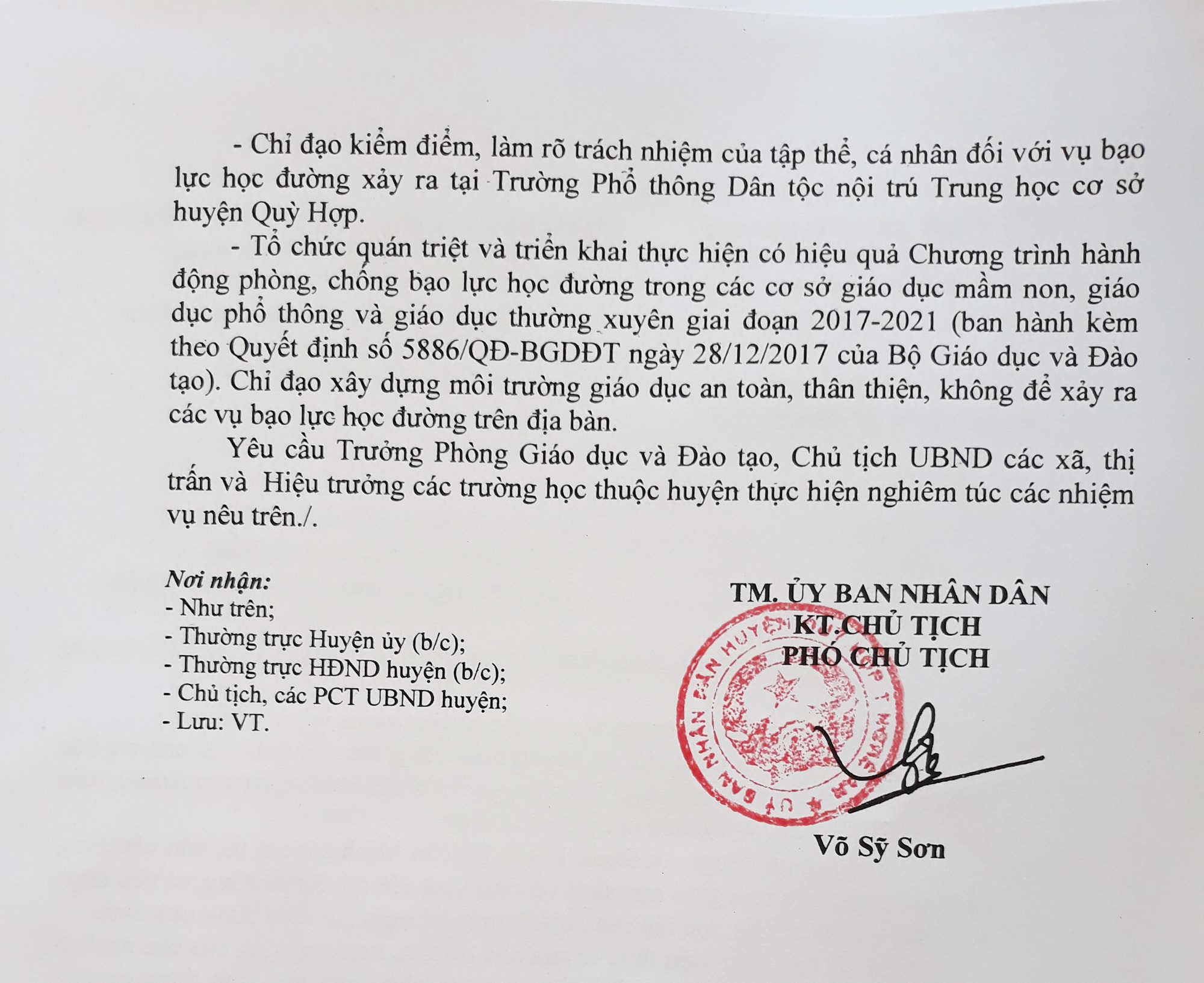 Công văn chỉ đạo của UBND huyện Quỳ Hợp với nội dung trọng tâm phòng chống bạo lực học đường. Ảnh: Nhật Lân