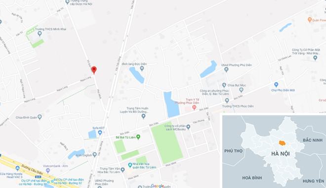 Vụ tai nạn xảy ra tại đường Võ Quý Huân quận Bắc Từ Liêm, Hà Nội (chấm đỏ). Ảnh: Google Maps.