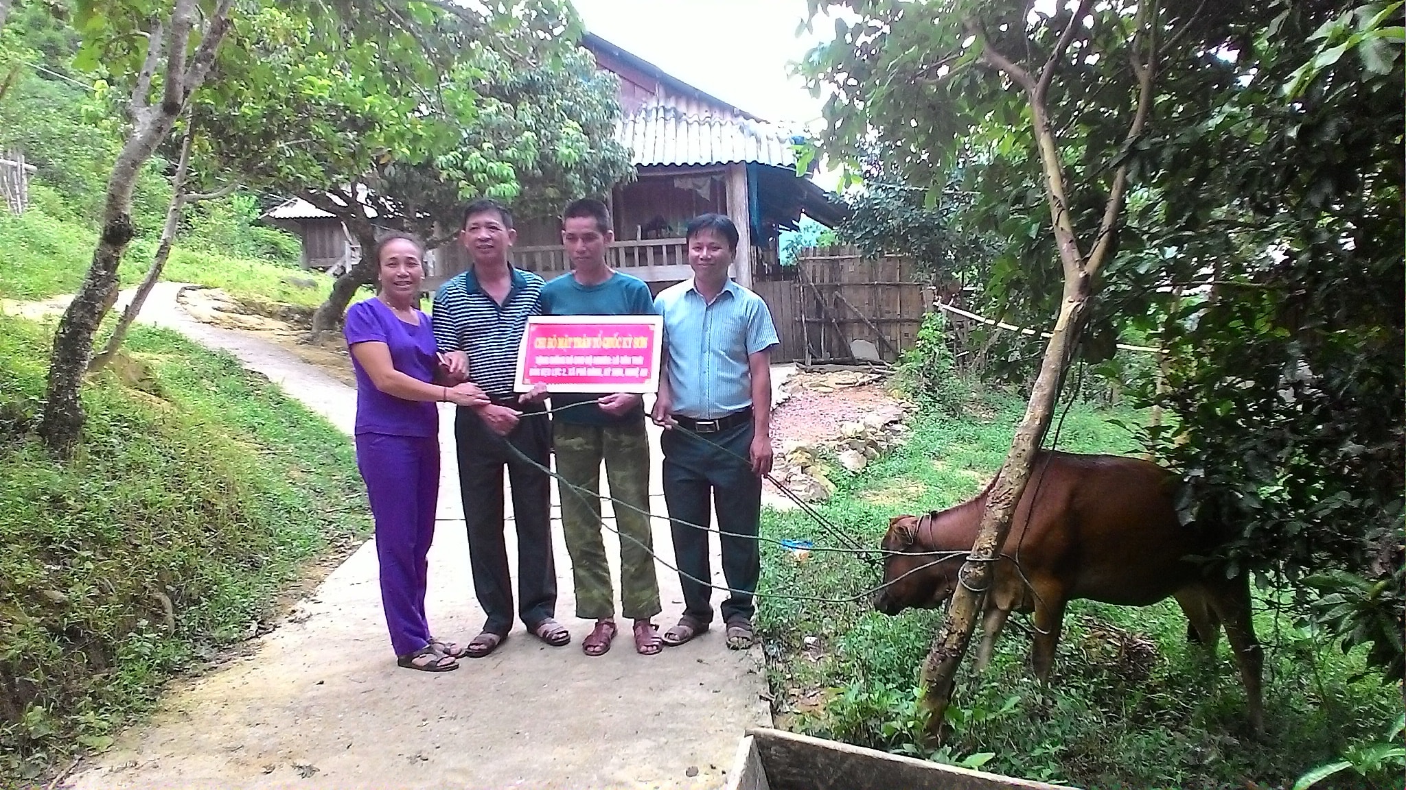 Lãnh đạo MTTQ huyện và xã trao bò cho gia đình ông Lô Văn Thái